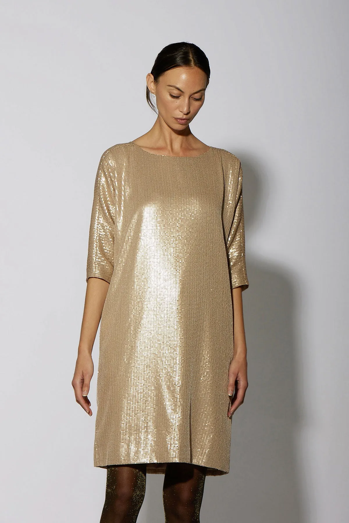 SEQUIN SHIFT KNEE LENGTH GOLD