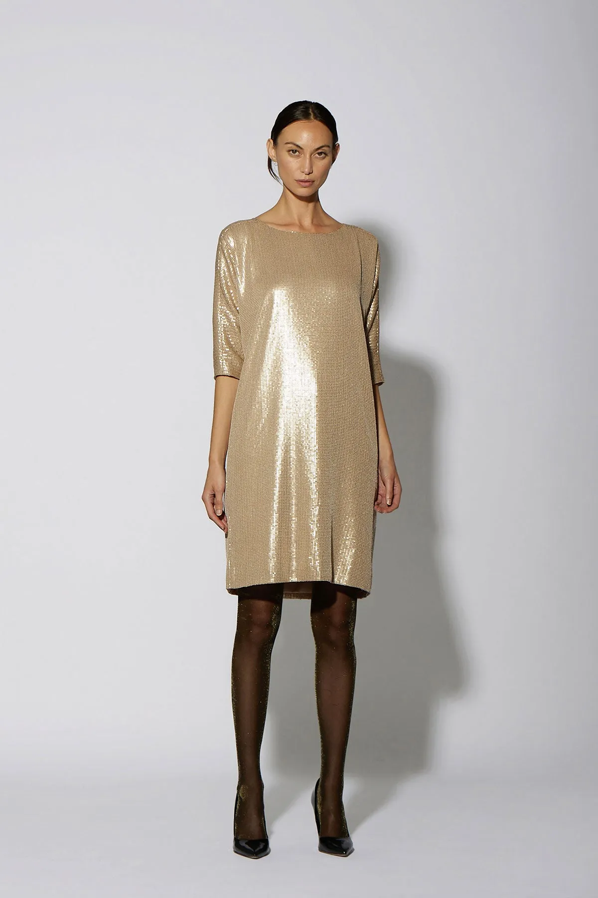 SEQUIN SHIFT KNEE LENGTH GOLD
