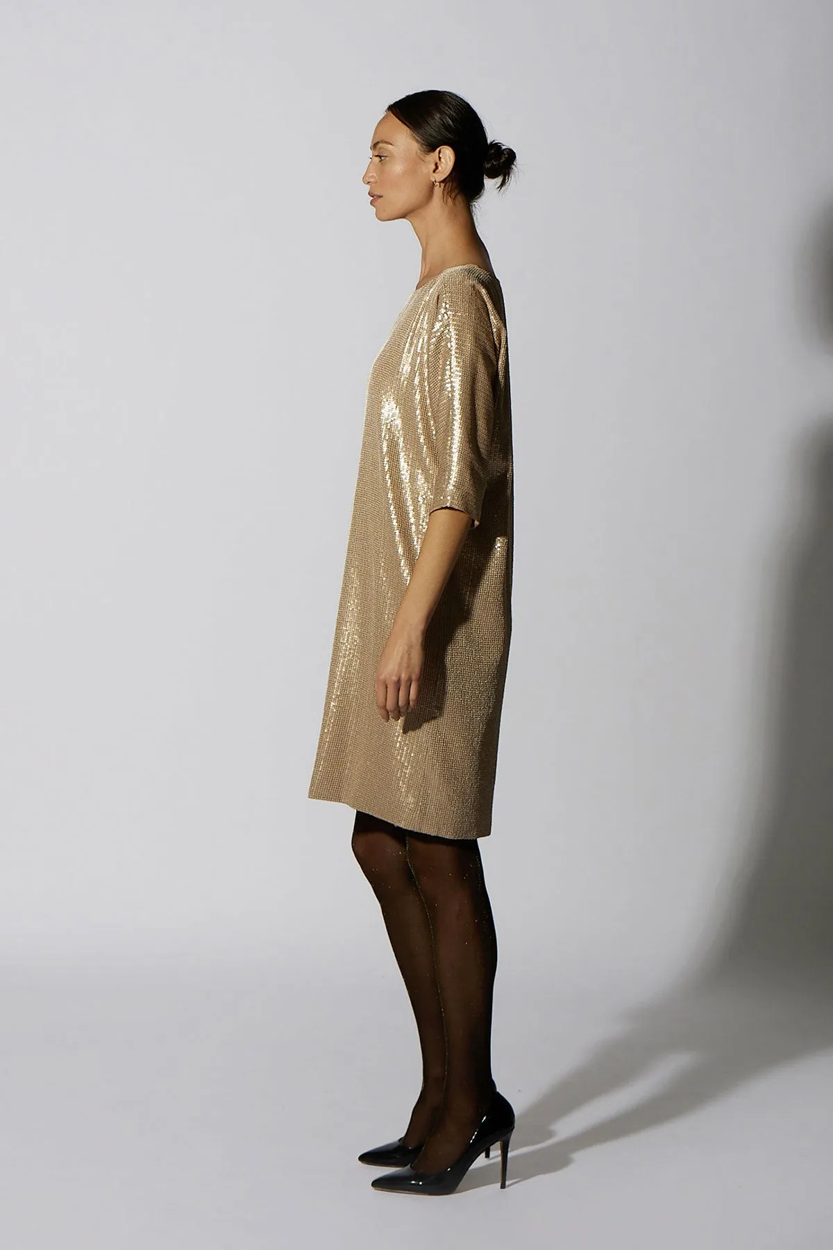 SEQUIN SHIFT KNEE LENGTH GOLD