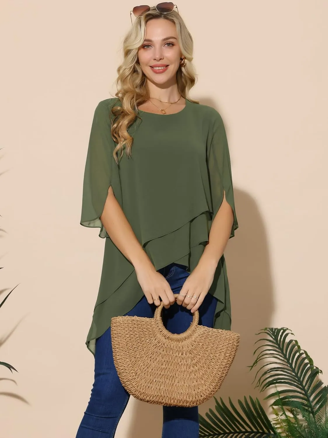Seta T Women's High Low Tops Scoop Neck Chiffon Blouse Asymmetrical Loose Shirt 3/4 Sleeve Casual Summer Tops