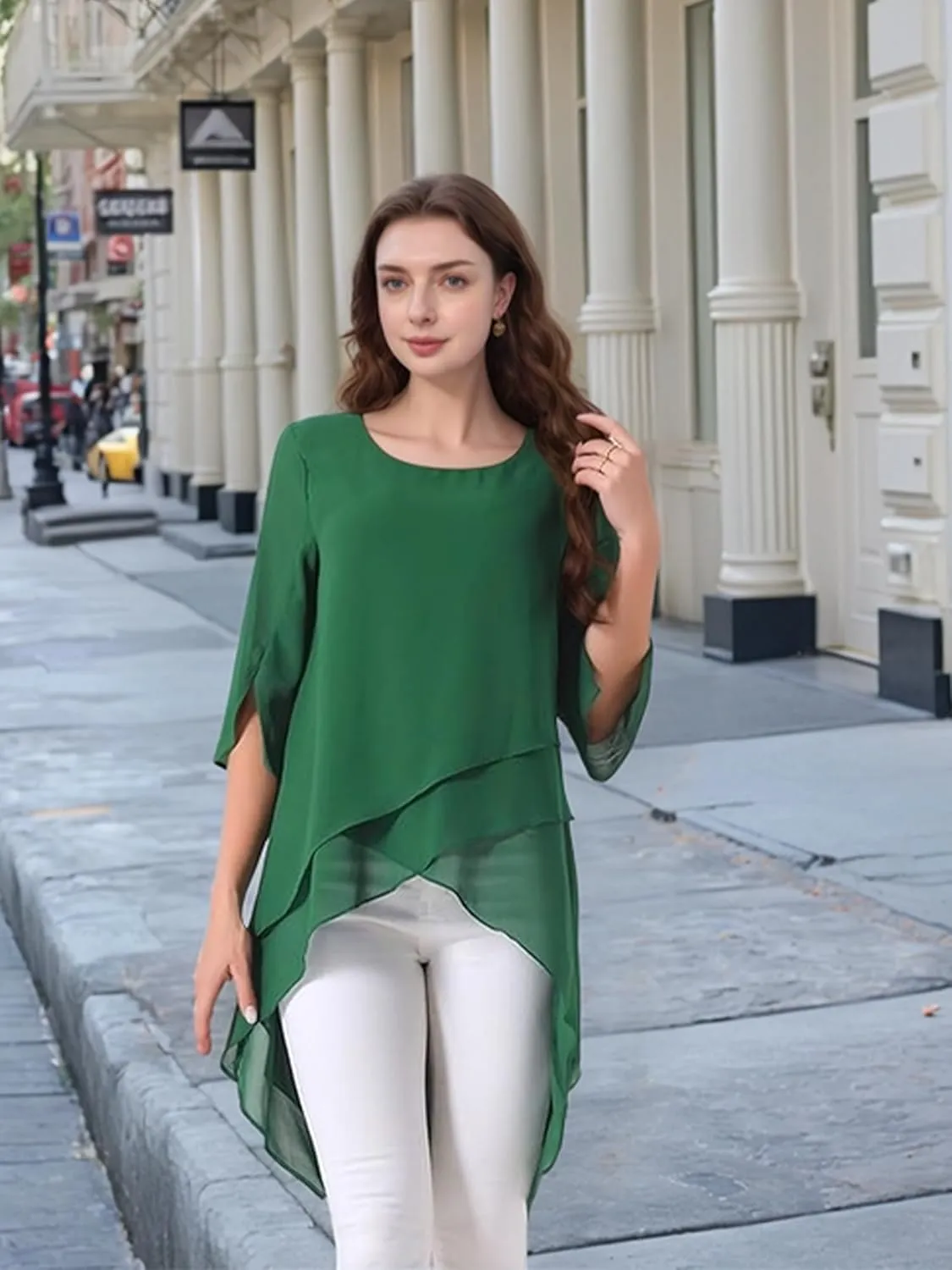 Seta T Women's High Low Tops Scoop Neck Chiffon Blouse Asymmetrical Loose Shirt 3/4 Sleeve Casual Summer Tops