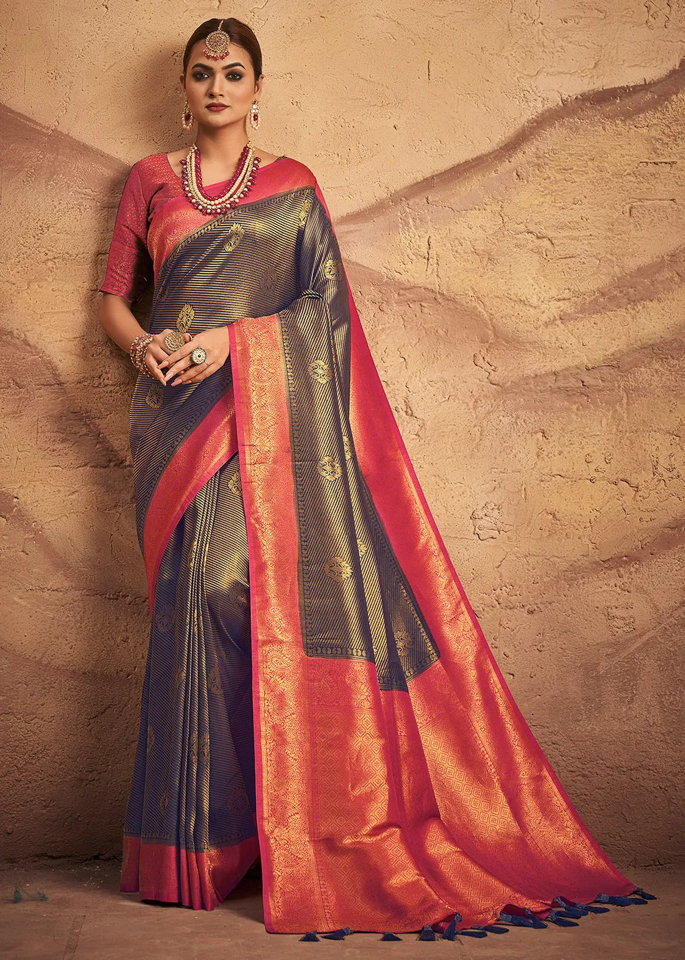 Shades Of Blue Zari Woven Silk Saree