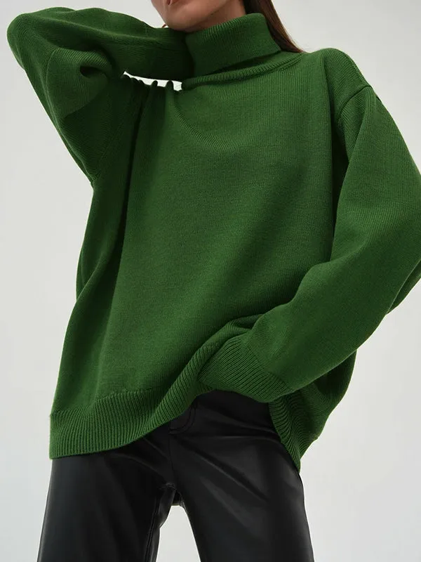 Solid Color Long Sleeves Loose High Neck Sweater Tops Pullovers Knitwear