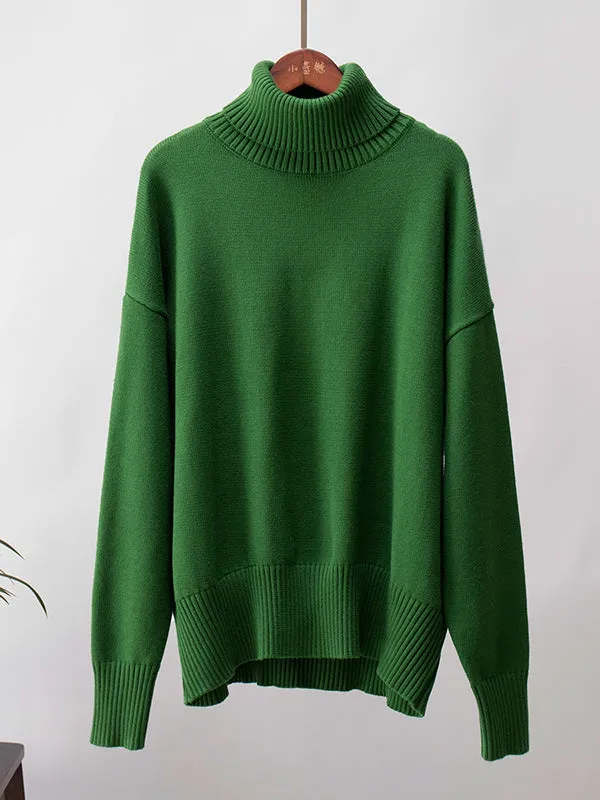 Solid Color Long Sleeves Loose High Neck Sweater Tops Pullovers Knitwear