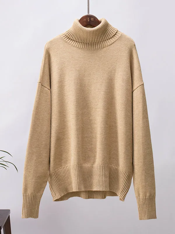 Solid Color Long Sleeves Loose High Neck Sweater Tops Pullovers Knitwear