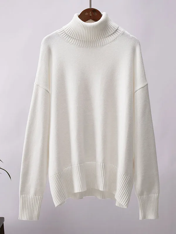 Solid Color Long Sleeves Loose High Neck Sweater Tops Pullovers Knitwear