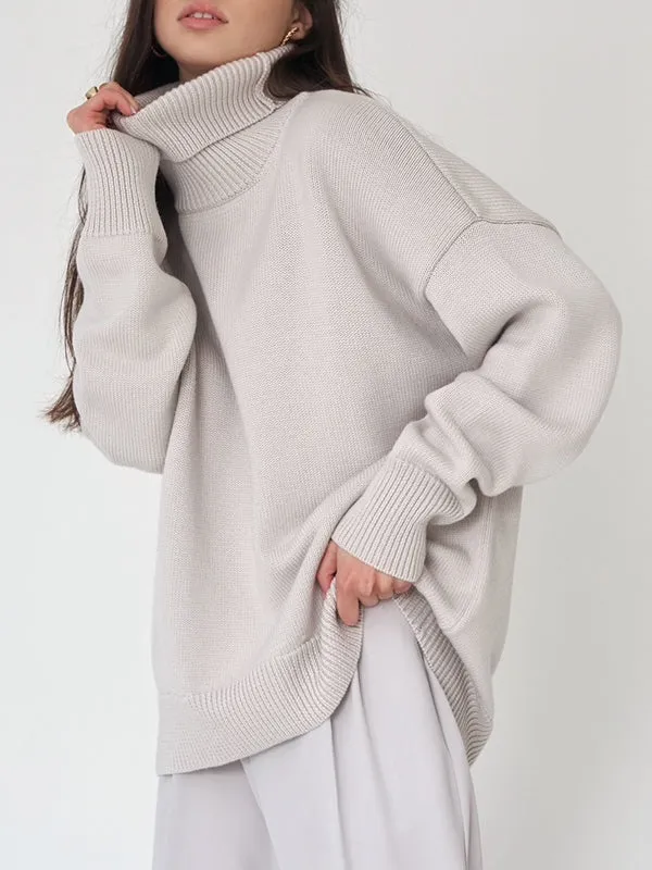 Solid Color Long Sleeves Loose High Neck Sweater Tops Pullovers Knitwear