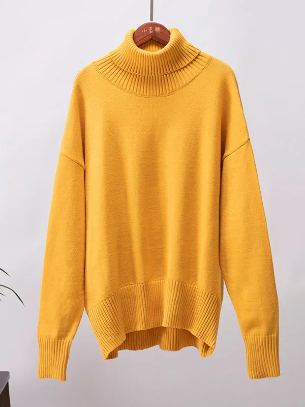 Solid Color Long Sleeves Loose High Neck Sweater Tops Pullovers Knitwear