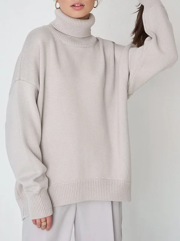 Solid Color Long Sleeves Loose High Neck Sweater Tops Pullovers Knitwear