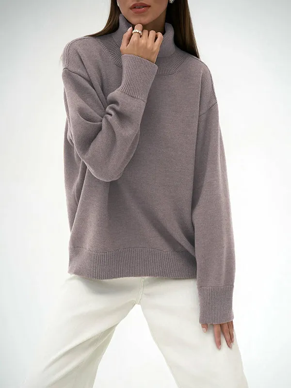 Solid Color Long Sleeves Loose High Neck Sweater Tops Pullovers Knitwear