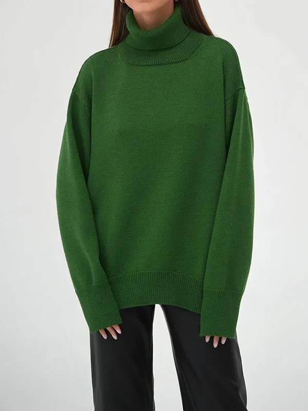 Solid Color Long Sleeves Loose High Neck Sweater Tops Pullovers Knitwear