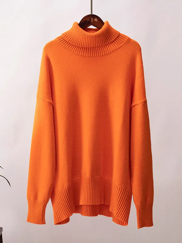 Solid Color Long Sleeves Loose High Neck Sweater Tops Pullovers Knitwear