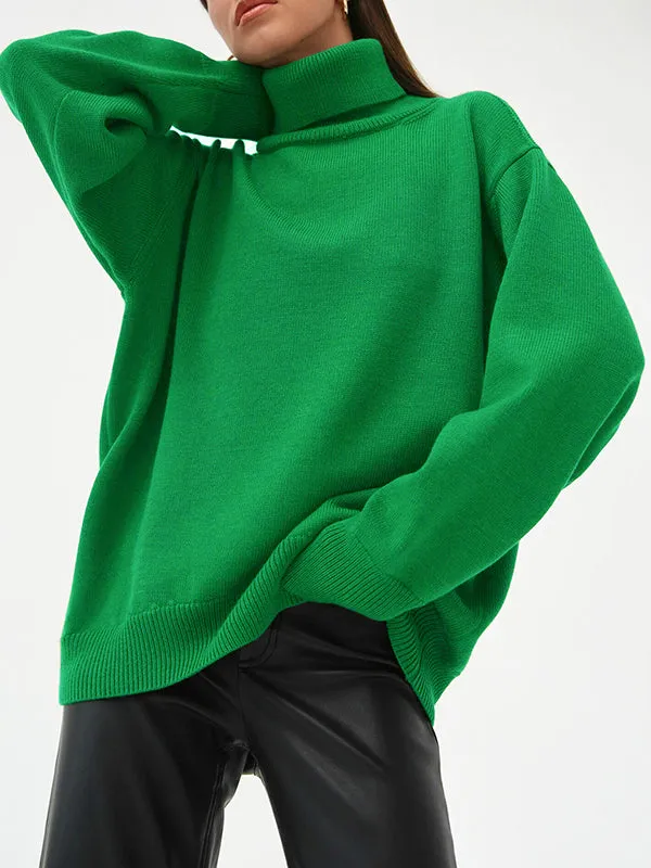 Solid Color Long Sleeves Loose High Neck Sweater Tops Pullovers Knitwear