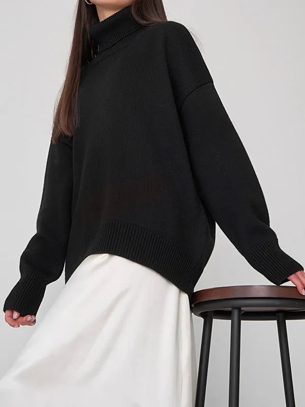 Solid Color Long Sleeves Loose High Neck Sweater Tops Pullovers Knitwear