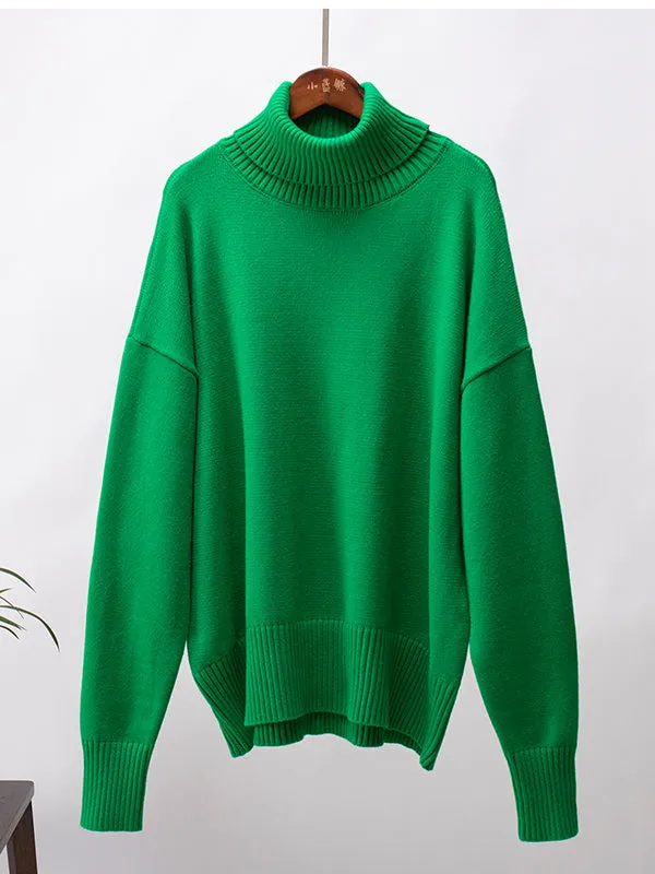 Solid Color Long Sleeves Loose High Neck Sweater Tops Pullovers Knitwear