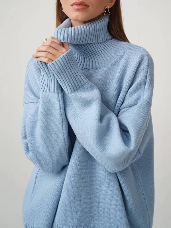 Solid Color Long Sleeves Loose High Neck Sweater Tops Pullovers Knitwear