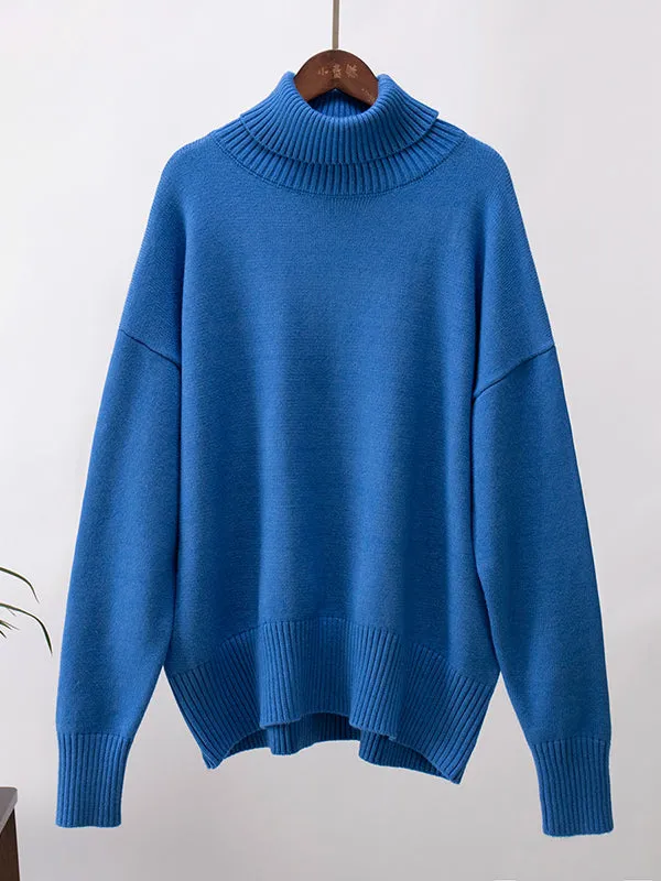 Solid Color Long Sleeves Loose High Neck Sweater Tops Pullovers Knitwear