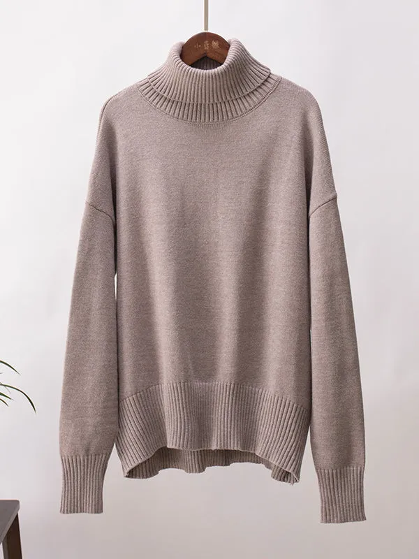 Solid Color Long Sleeves Loose High Neck Sweater Tops Pullovers Knitwear