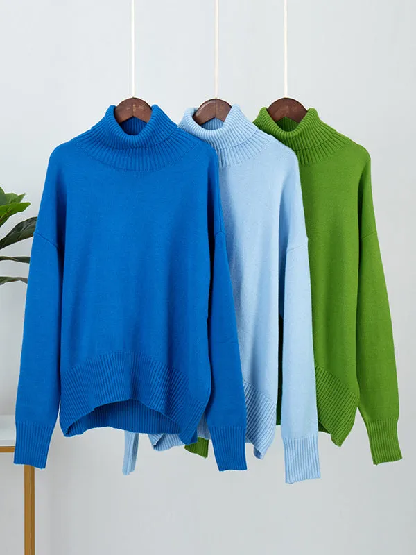 Solid Color Long Sleeves Loose High Neck Sweater Tops Pullovers Knitwear