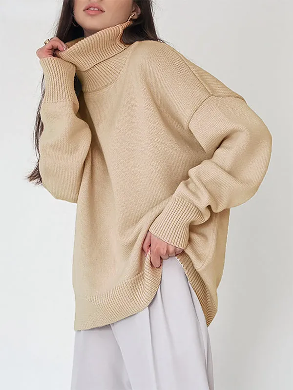 Solid Color Long Sleeves Loose High Neck Sweater Tops Pullovers Knitwear