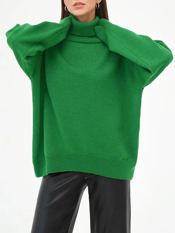 Solid Color Long Sleeves Loose High Neck Sweater Tops Pullovers Knitwear