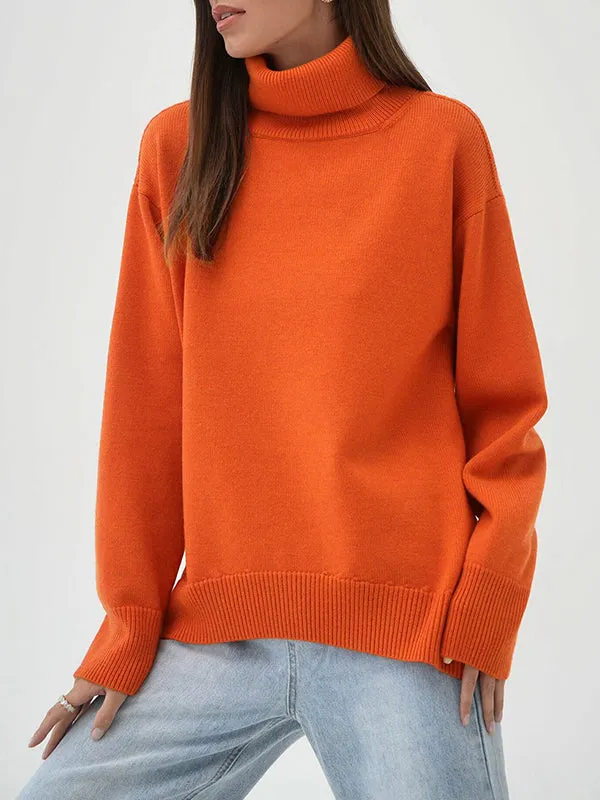 Solid Color Long Sleeves Loose High Neck Sweater Tops Pullovers Knitwear