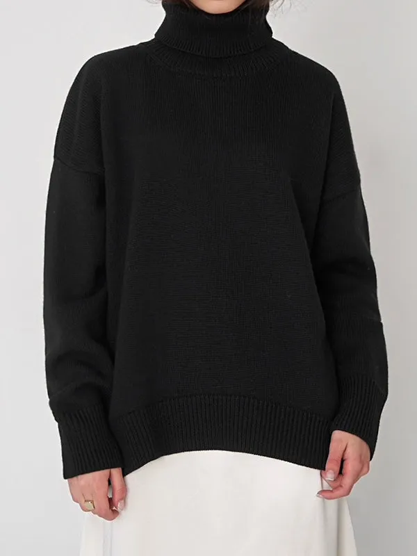 Solid Color Long Sleeves Loose High Neck Sweater Tops Pullovers Knitwear