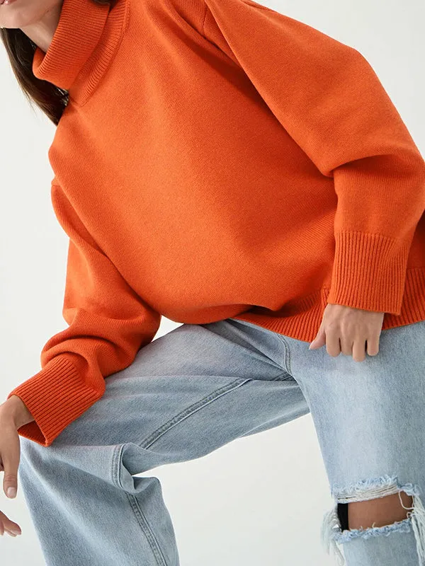 Solid Color Long Sleeves Loose High Neck Sweater Tops Pullovers Knitwear