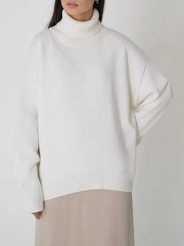 Solid Color Long Sleeves Loose High Neck Sweater Tops Pullovers Knitwear