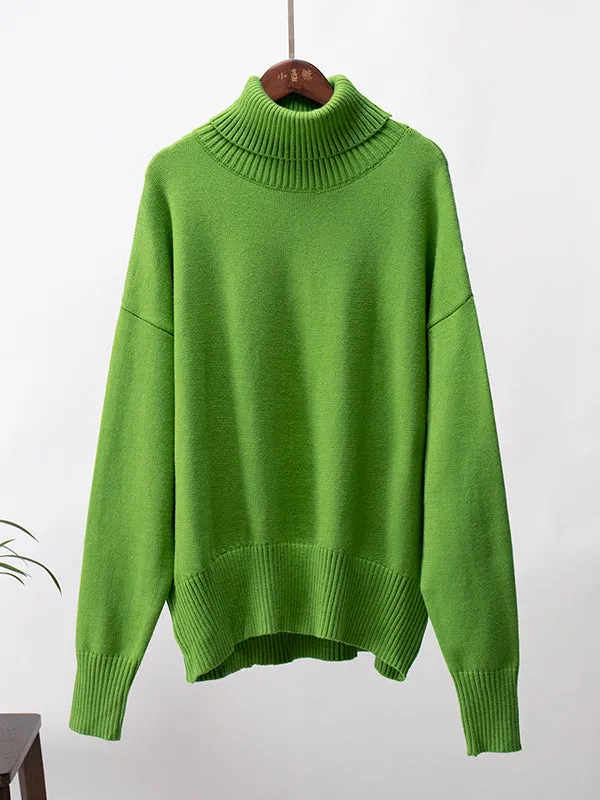 Solid Color Long Sleeves Loose High Neck Sweater Tops Pullovers Knitwear