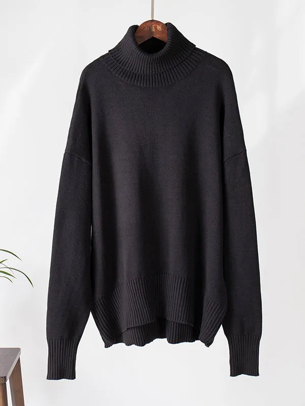 Solid Color Long Sleeves Loose High Neck Sweater Tops Pullovers Knitwear