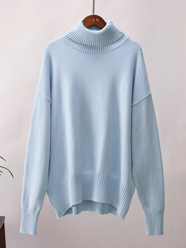 Solid Color Long Sleeves Loose High Neck Sweater Tops Pullovers Knitwear