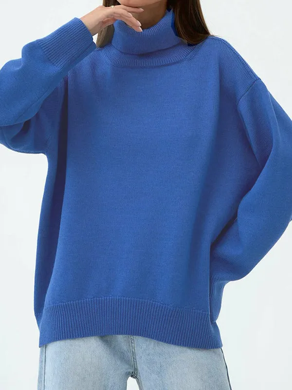 Solid Color Long Sleeves Loose High Neck Sweater Tops Pullovers Knitwear