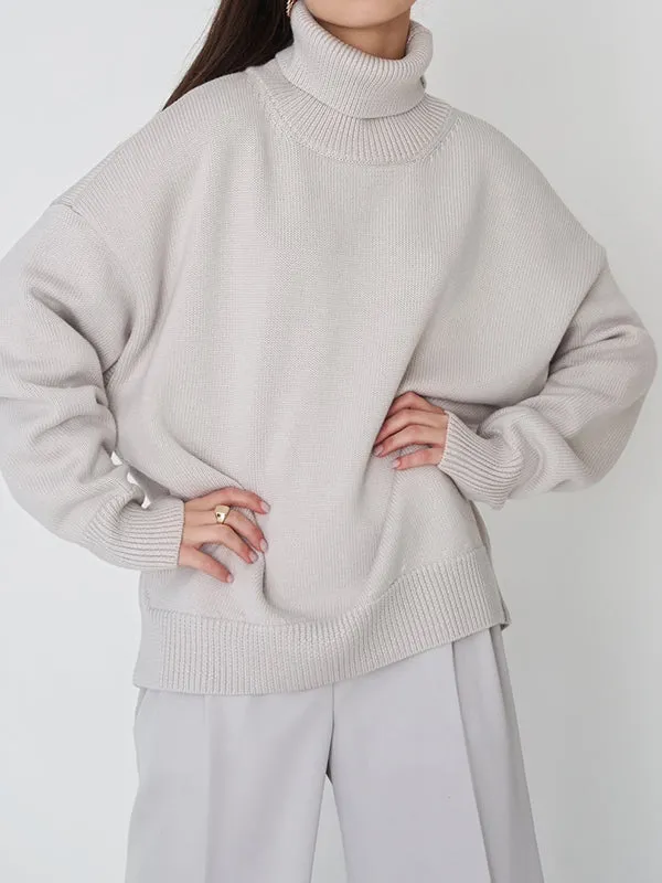 Solid Color Long Sleeves Loose High Neck Sweater Tops Pullovers Knitwear
