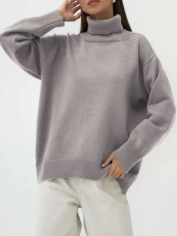 Solid Color Long Sleeves Loose High Neck Sweater Tops Pullovers Knitwear