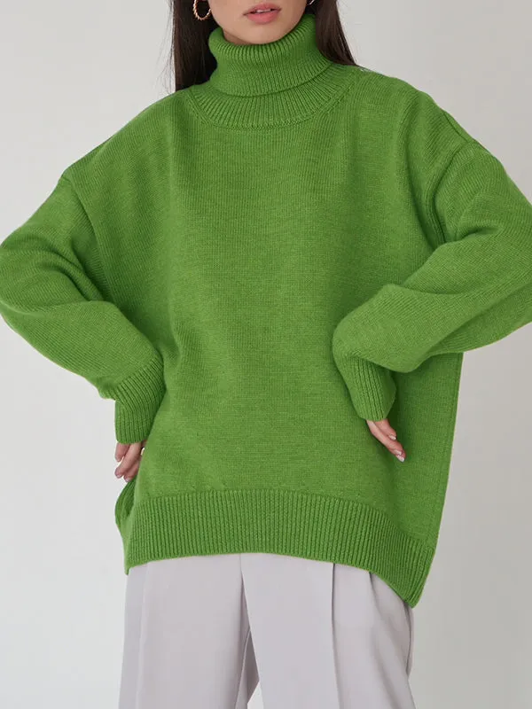 Solid Color Long Sleeves Loose High Neck Sweater Tops Pullovers Knitwear