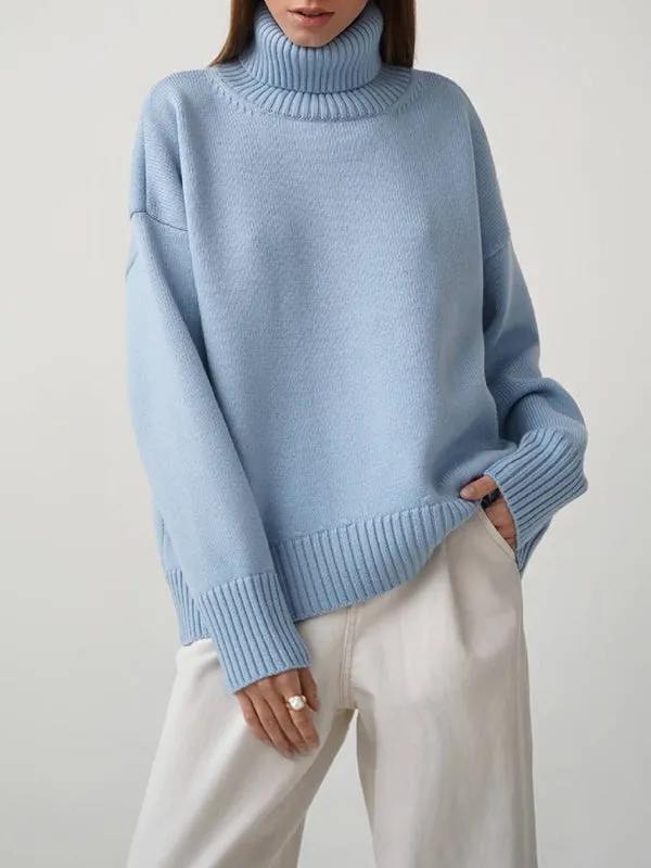 Solid Color Long Sleeves Loose High Neck Sweater Tops Pullovers Knitwear
