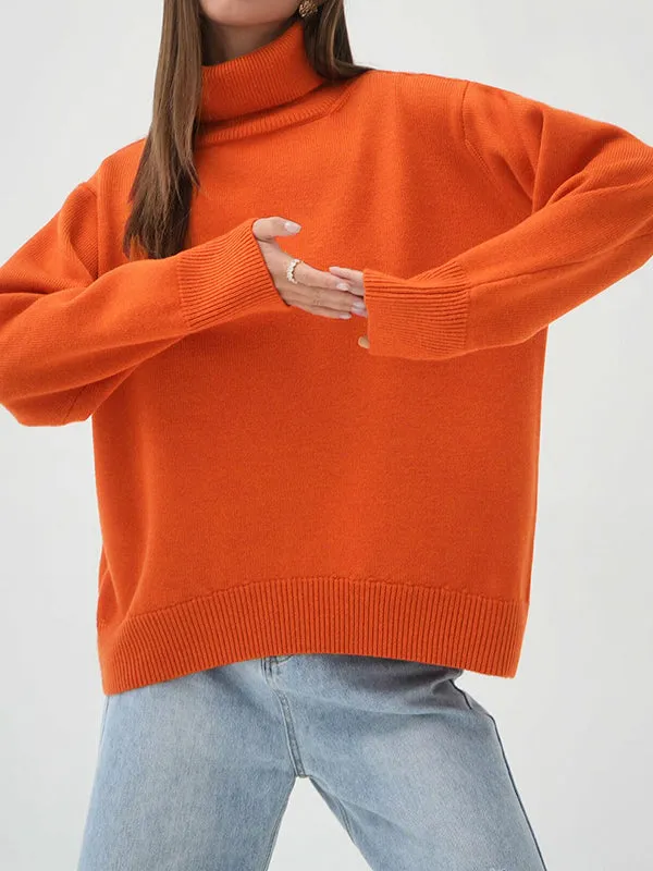 Solid Color Long Sleeves Loose High Neck Sweater Tops Pullovers Knitwear