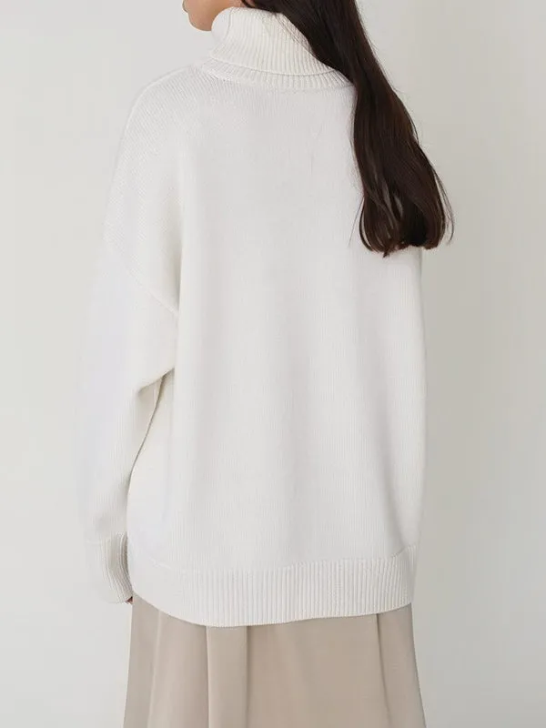 Solid Color Long Sleeves Loose High Neck Sweater Tops Pullovers Knitwear