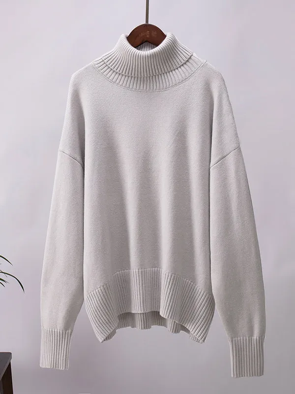 Solid Color Long Sleeves Loose High Neck Sweater Tops Pullovers Knitwear