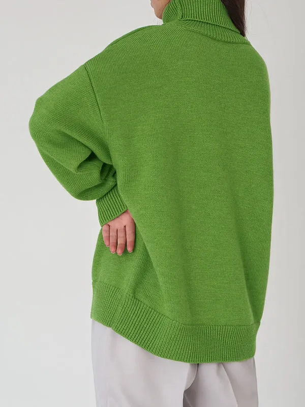 Solid Color Long Sleeves Loose High Neck Sweater Tops Pullovers Knitwear