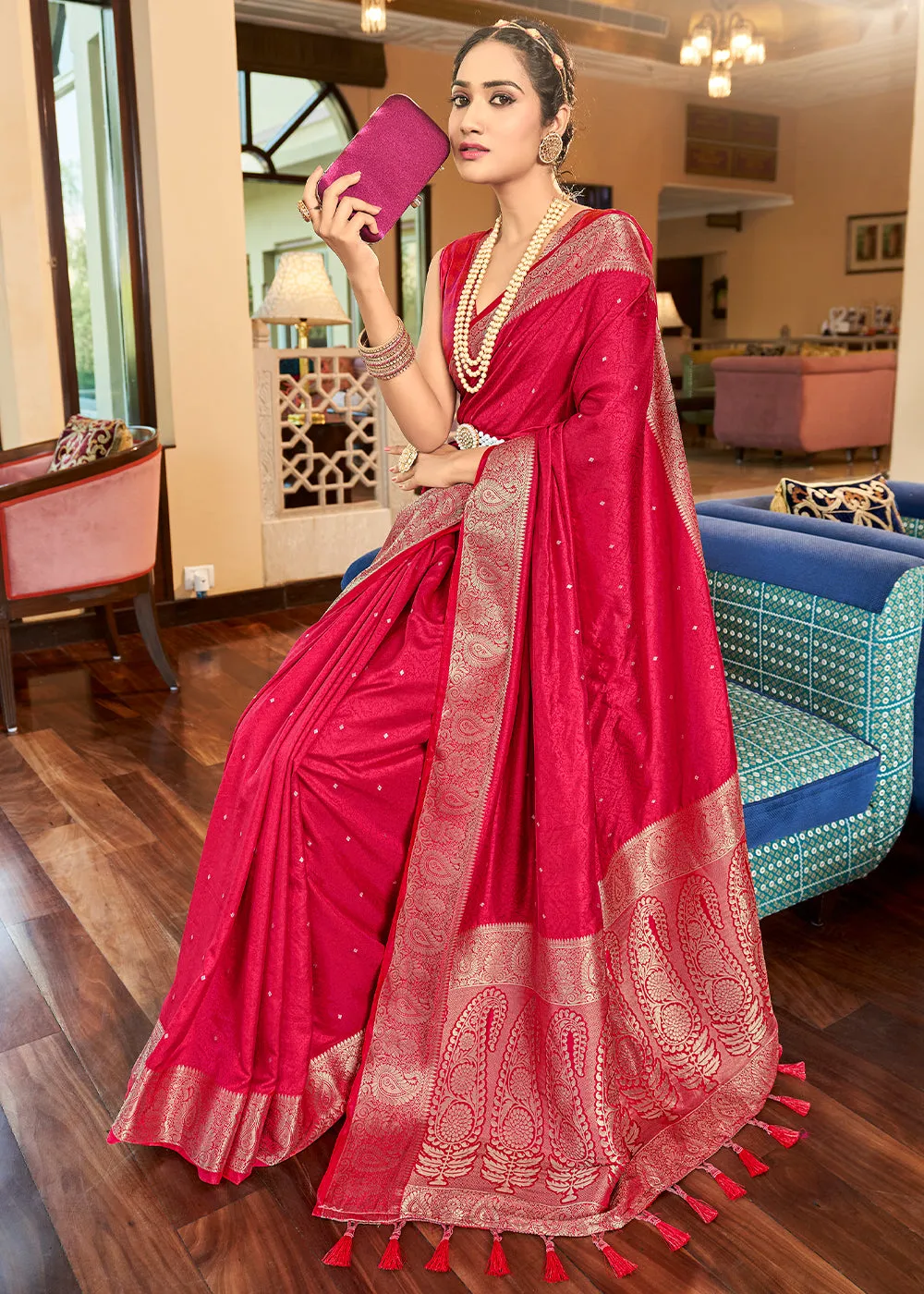 Strawberry Pink Woven Two Tone Soft Silk Saree