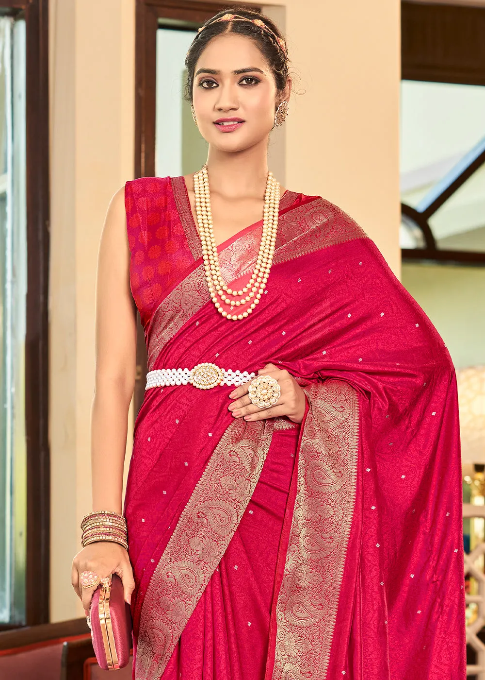 Strawberry Pink Woven Two Tone Soft Silk Saree