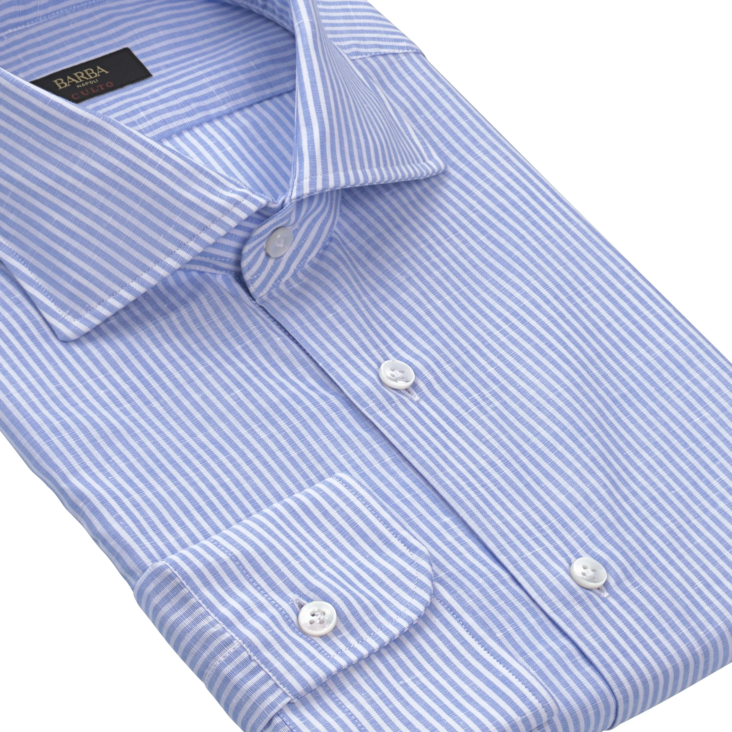 Striped Linen-Cotton Blend Shirt in Light Blue and White