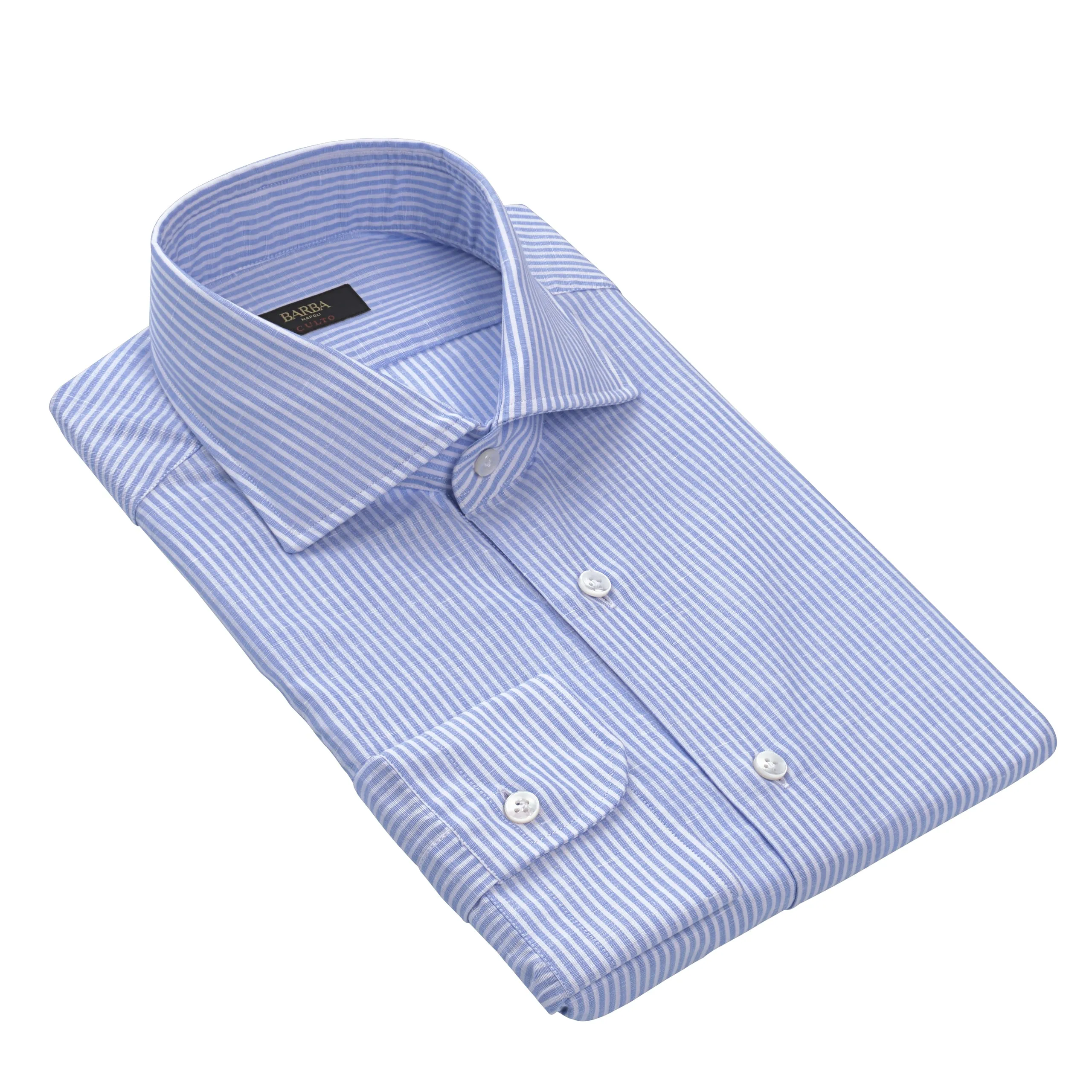 Striped Linen-Cotton Blend Shirt in Light Blue and White