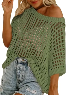Summer Crochet Tops for Women Loose Off The Shoulder Shirts Hollow Out Knit Short Sleeve Sweater Top Beach Coverup