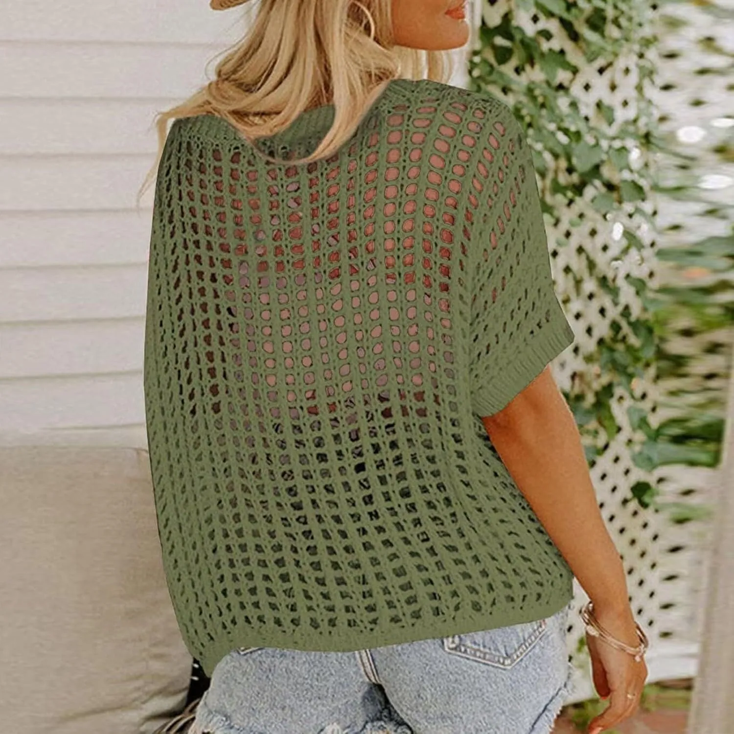 Summer Crochet Tops for Women Loose Off The Shoulder Shirts Hollow Out Knit Short Sleeve Sweater Top Beach Coverup