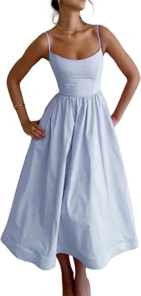 Summer Dress Casual Women Spaghetti Strap Sexy Low-Cut Sleeveless Maxi Dresses Waist Pleated Aline Flowy Swing Dress