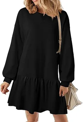 Sweatshirt Dress for Women Crewneck Long Sleeve Patchwork Pleated Pullover Relaxed Fit Mini Dress Fall Dress 2024