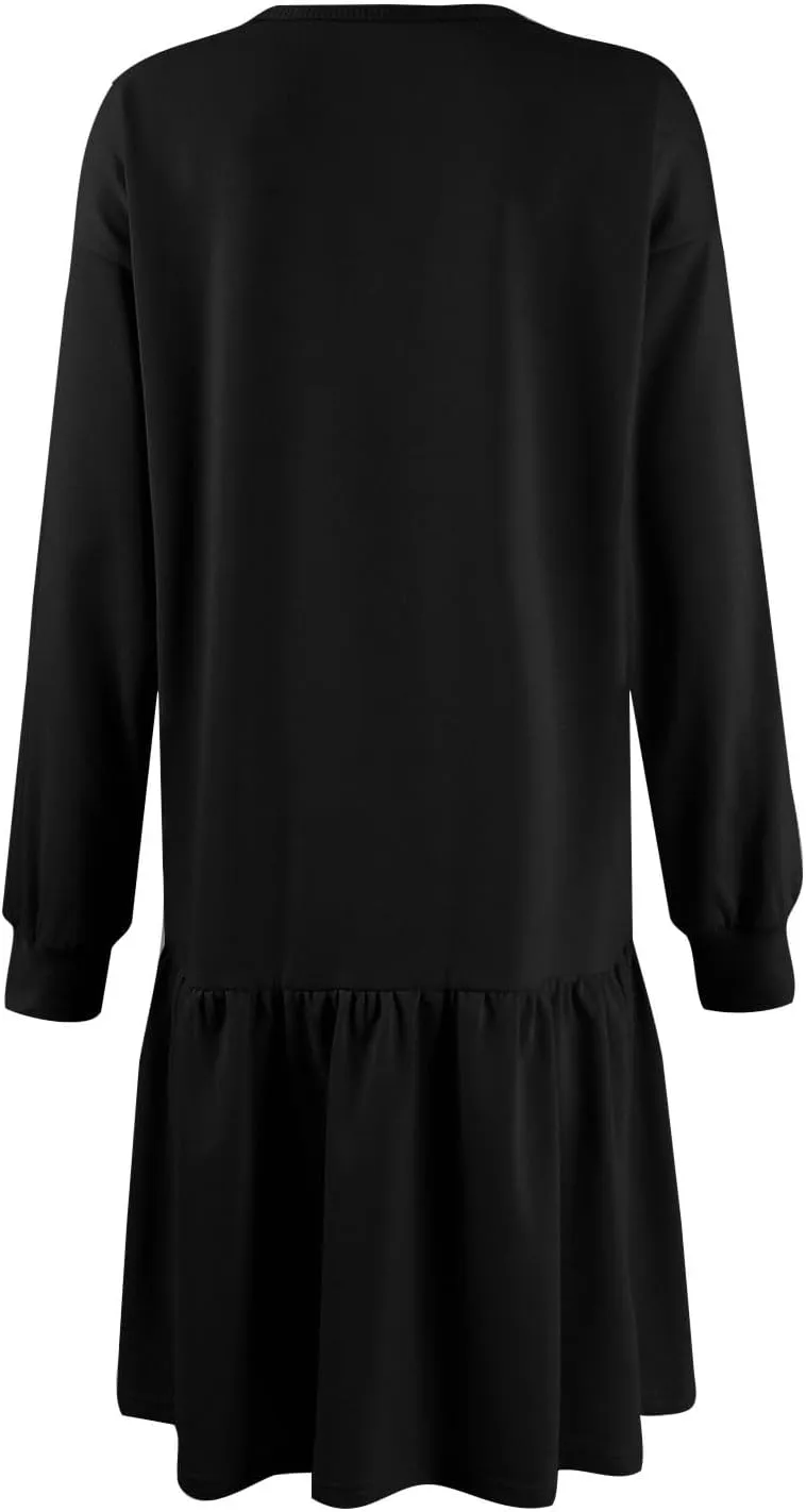 Sweatshirt Dress for Women Crewneck Long Sleeve Patchwork Pleated Pullover Relaxed Fit Mini Dress Fall Dress 2024